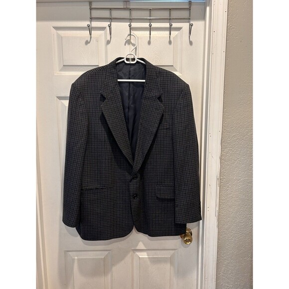 Oscar De La Renta Wool Blazer Suit Jacket Men’s 46R Black Plaid 3 Button Gray - Picture 1 of 9